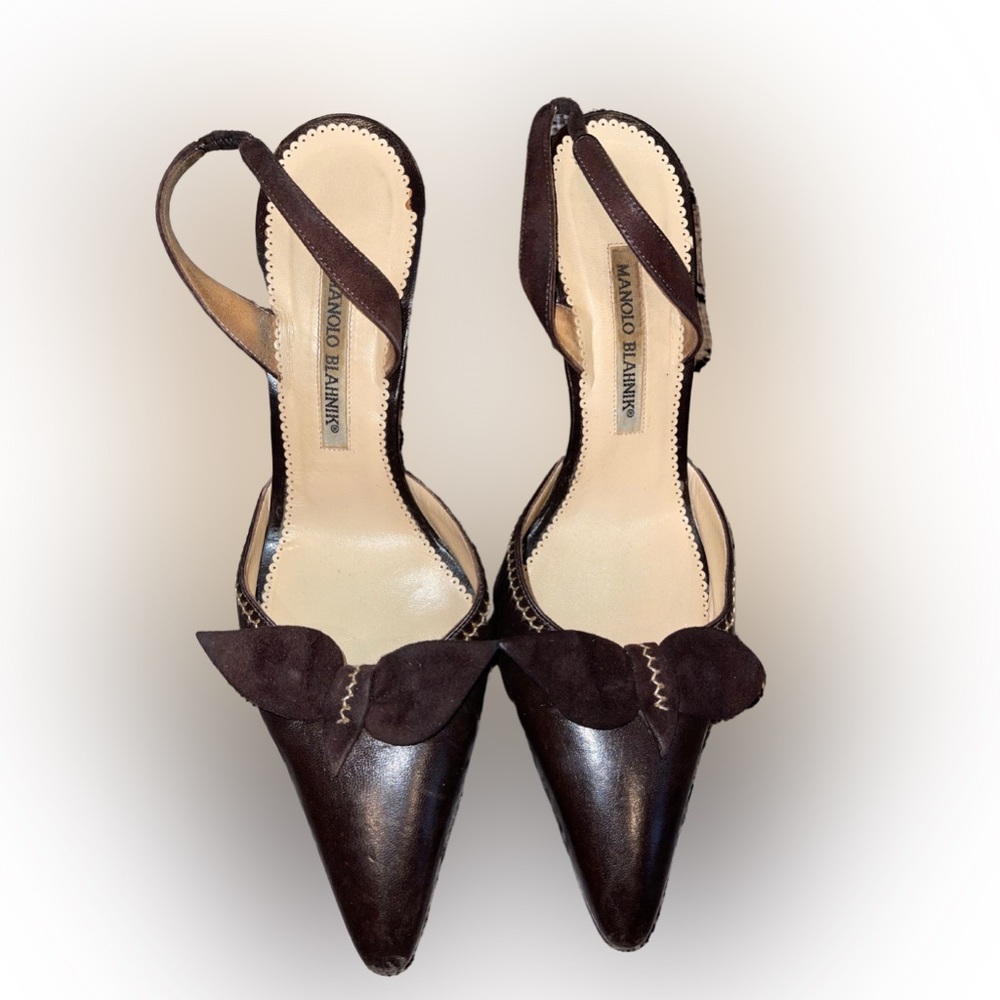 Manolo Blahnik Dark Brown Leather with Suede Heel Pumps